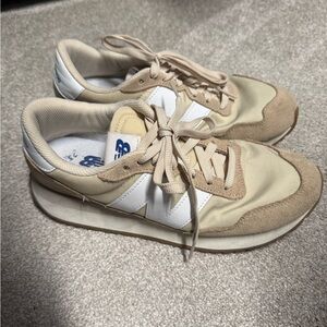 New Balance Beige, White & Blue 237 Retro Trainer